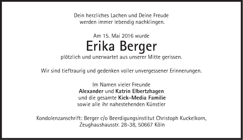  Traueranzeige für Erika Berger vom 21.05.2016 aus Süddeutsche Zeitung