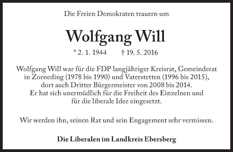 Traueranzeige für Wolfgang Will vom 24.05.2016 aus Süddeutsche Zeitung