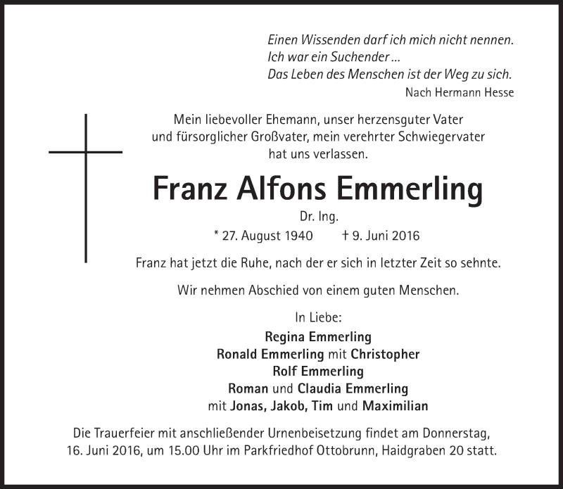  Traueranzeige für Franz Alfons Emmerling vom 11.06.2016 aus SZ Trauer