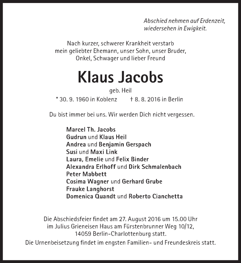  Traueranzeige für Klaus Jacobs vom 20.08.2016 aus Süddeutsche Zeitung