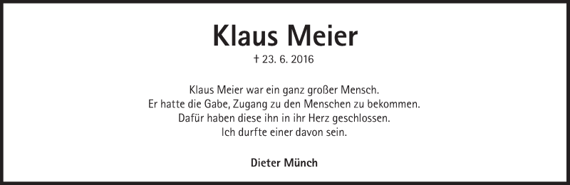  Traueranzeige für Klaus Meier vom 28.06.2016 aus Süddeutsche Zeitung