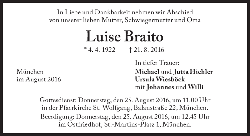  Traueranzeige für Luise Braito vom 23.08.2016 aus Süddeutsche Zeitung