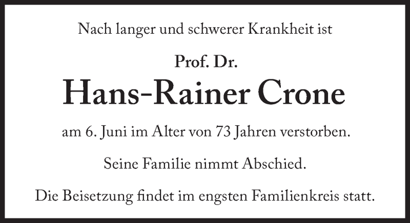  Traueranzeige für Hans-Rainer Crone vom 23.06.2016 aus Süddeutsche Zeitung