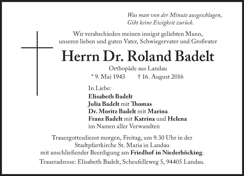  Traueranzeige für Roland Badelt vom 18.08.2016 aus Süddeutsche Zeitung