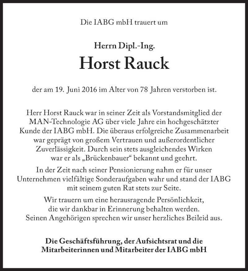  Traueranzeige für Horst Rauck vom 25.06.2016 aus Süddeutsche Zeitung