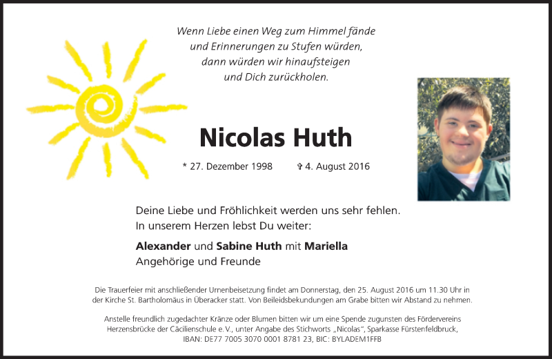  Traueranzeige für Nicolas Huth vom 13.08.2016 aus Süddeutsche Zeitung
