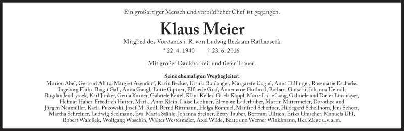  Traueranzeige für Klaus Meier vom 28.06.2016 aus Süddeutsche Zeitung