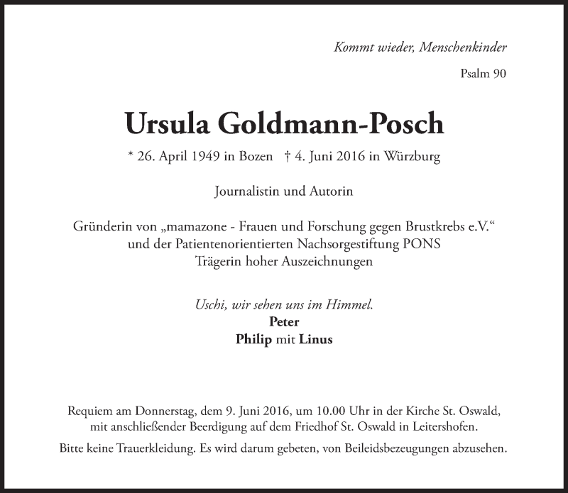  Traueranzeige für Ursula Goldmann-Posch vom 08.06.2016 aus Süddeutsche Zeitung