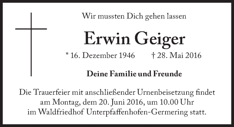 Traueranzeigen Von Erwin Geiger SZ Gedenken De