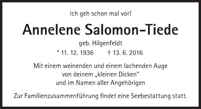  Traueranzeige für Annelene Salomon-Tiede vom 25.06.2016 aus Süddeutsche Zeitung