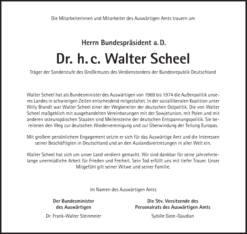  Traueranzeige für Walter Scheel vom 27.08.2016 aus Süddeutsche Zeitung