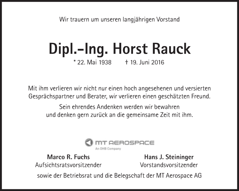  Traueranzeige für Horst Rauck vom 25.06.2016 aus Süddeutsche Zeitung