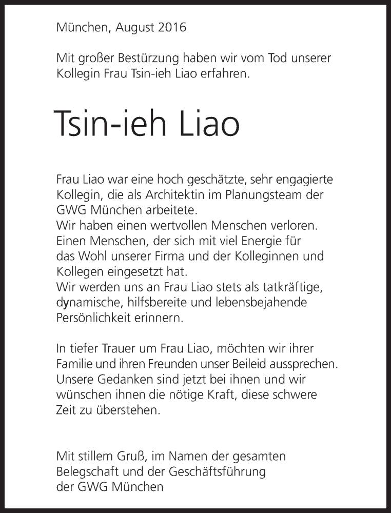  Traueranzeige für Tsin-ieh Liao vom 20.08.2016 aus Süddeutsche Zeitung