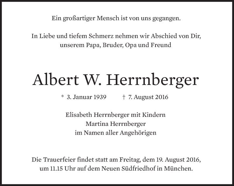  Traueranzeige für Albert W. Herrnberger vom 17.08.2016 aus Süddeutsche Zeitung
