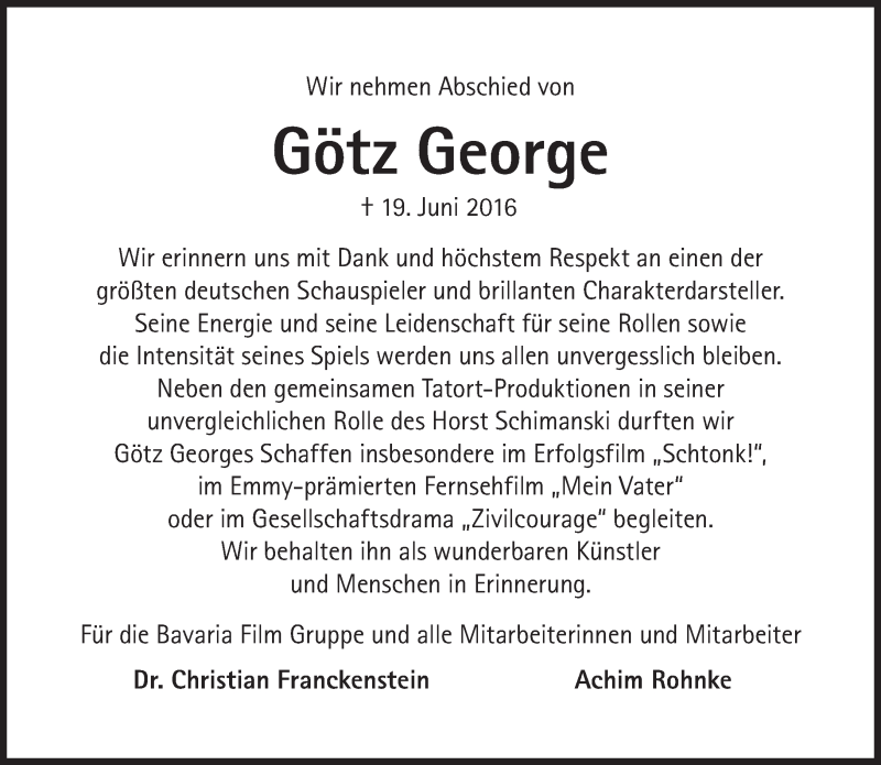  Traueranzeige für Götz George vom 02.07.2016 aus Süddeutsche Zeitung