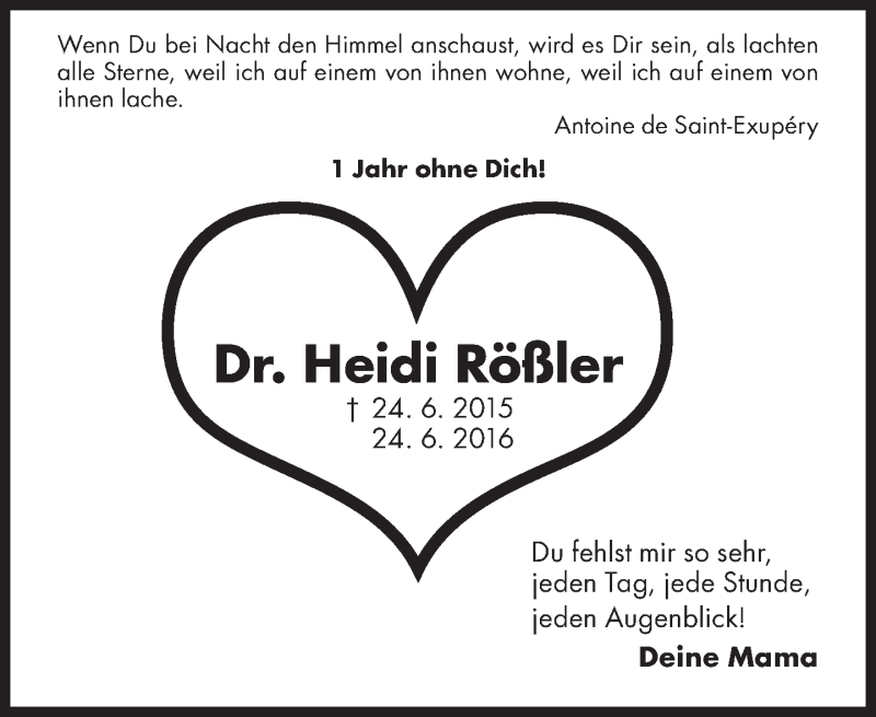  Traueranzeige für Heidi Rößler vom 24.06.2016 aus Süddeutsche Zeitung