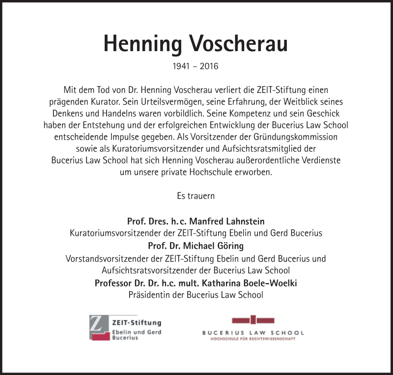  Traueranzeige für Henning Voscherau vom 27.08.2016 aus Süddeutsche Zeitung