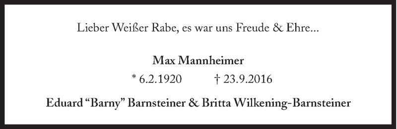  Traueranzeige für Max Mannheimer vom 01.10.2016 aus Süddeutsche Zeitung