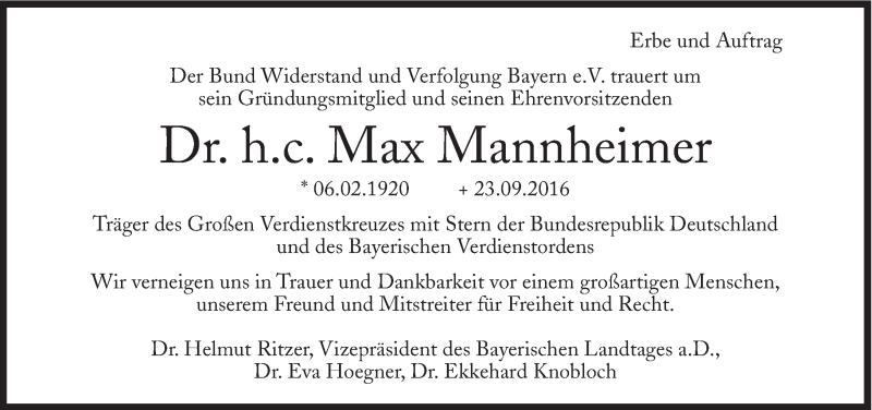  Traueranzeige für Max Mannheimer vom 28.09.2016 aus Süddeutsche Zeitung