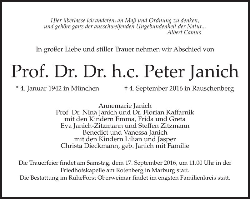  Traueranzeige für Peter Janich vom 09.09.2016 aus Süddeutsche Zeitung