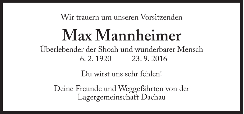  Traueranzeige für Max Mannheimer vom 26.09.2016 aus Süddeutsche Zeitung