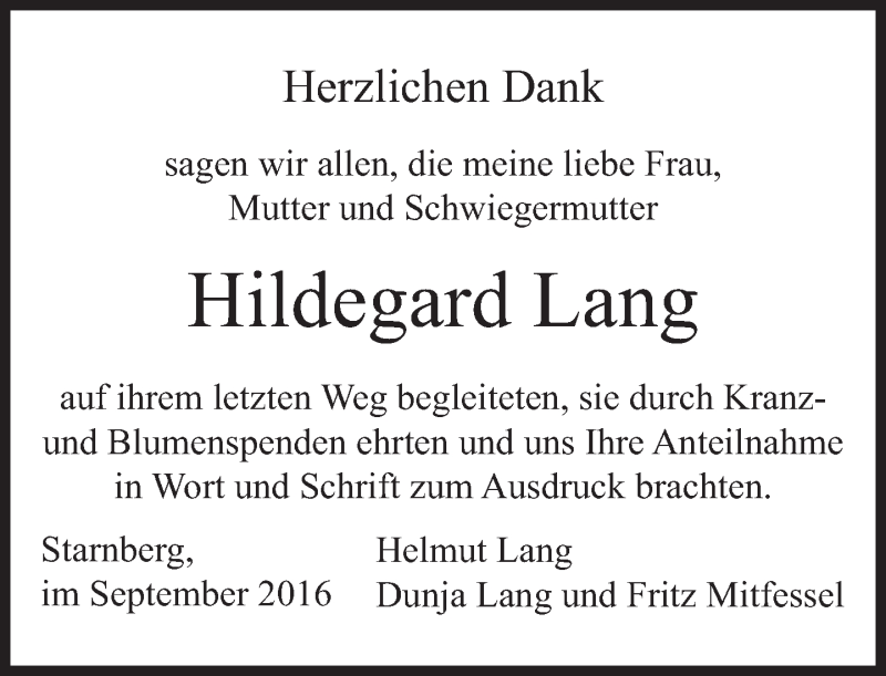 Traueranzeigen Von Hildegard Lang Sz Gedenken De