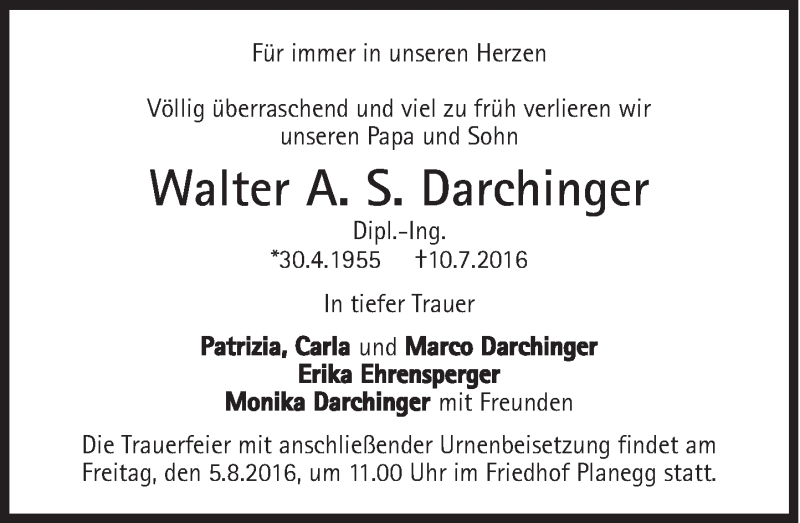  Traueranzeige für Walter Darchinger vom 30.07.2016 aus Süddeutsche Zeitung