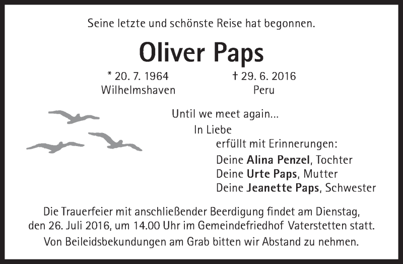  Traueranzeige für Oliver Paps vom 23.07.2016 aus Süddeutsche Zeitung