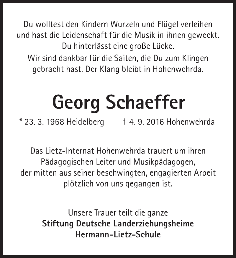  Traueranzeige für Georg Schaeffer vom 10.09.2016 aus Süddeutsche Zeitung
