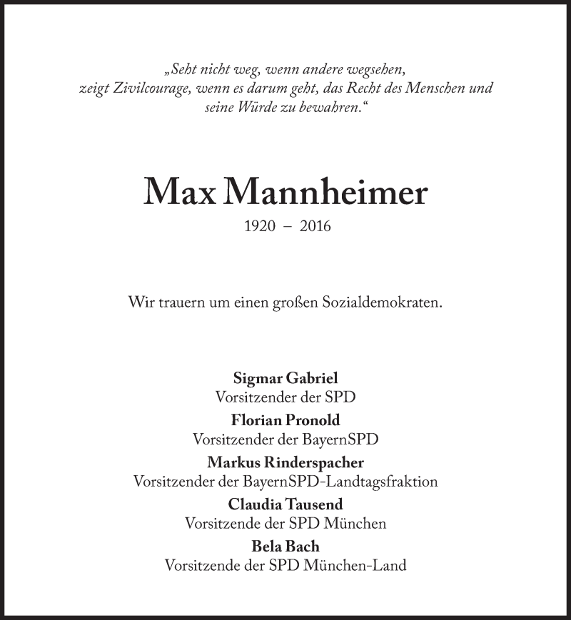  Traueranzeige für Max Mannheimer vom 28.09.2016 aus Süddeutsche Zeitung