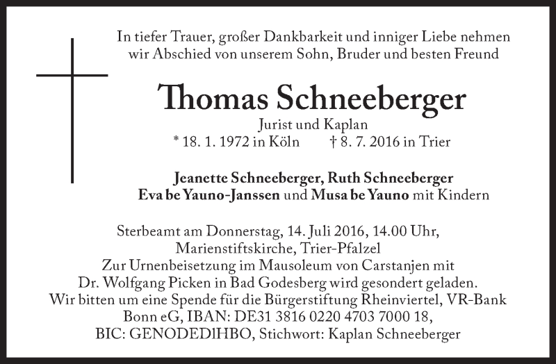  Traueranzeige für Thomas Schneeberger vom 13.07.2016 aus Süddeutsche Zeitung