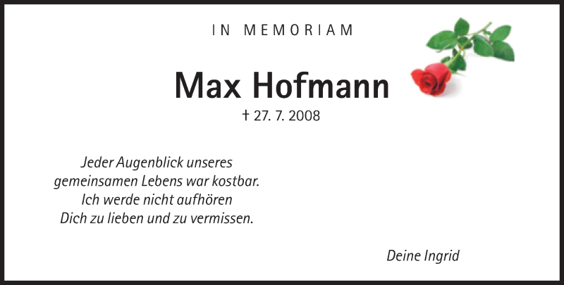  Traueranzeige für Max Hofmann vom 30.07.2016 aus Süddeutsche Zeitung