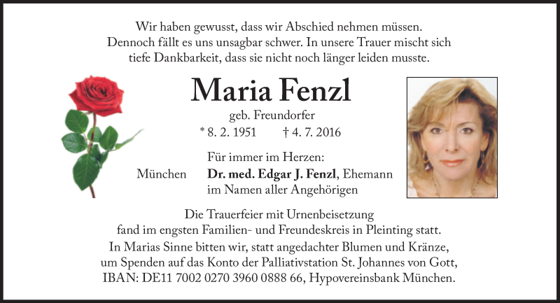  Traueranzeige für Maria Fenzl vom 16.07.2016 aus Süddeutsche Zeitung