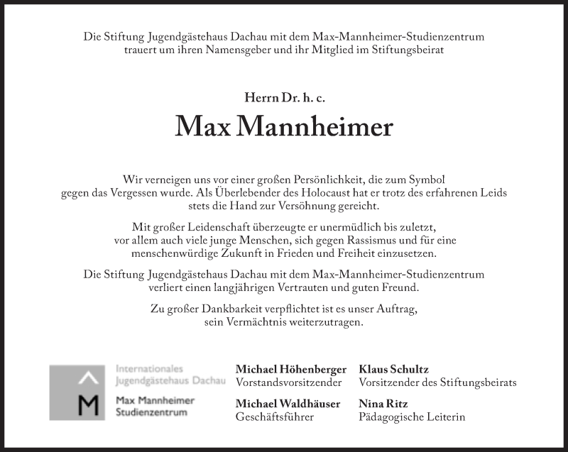  Traueranzeige für Max Mannheimer vom 27.09.2016 aus Süddeutsche Zeitung