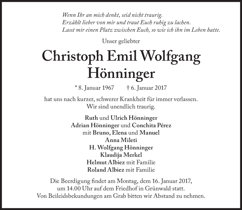  Traueranzeige für Christoph Emil Wolfgang Hönninger vom 12.01.2017 aus Süddeutsche Zeitung