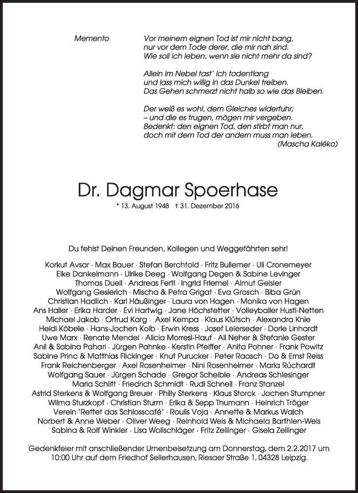  Traueranzeige für Dagmar Spoerhase vom 14.01.2017 aus Süddeutsche Zeitung
