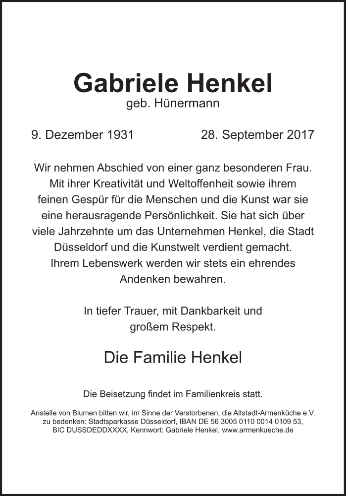  Traueranzeige für Gabriele Henkel vom 05.10.2017 aus Süddeutsche Zeitung