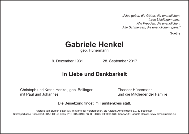  Traueranzeige für Gabriele Henkel vom 05.10.2017 aus Süddeutsche Zeitung
