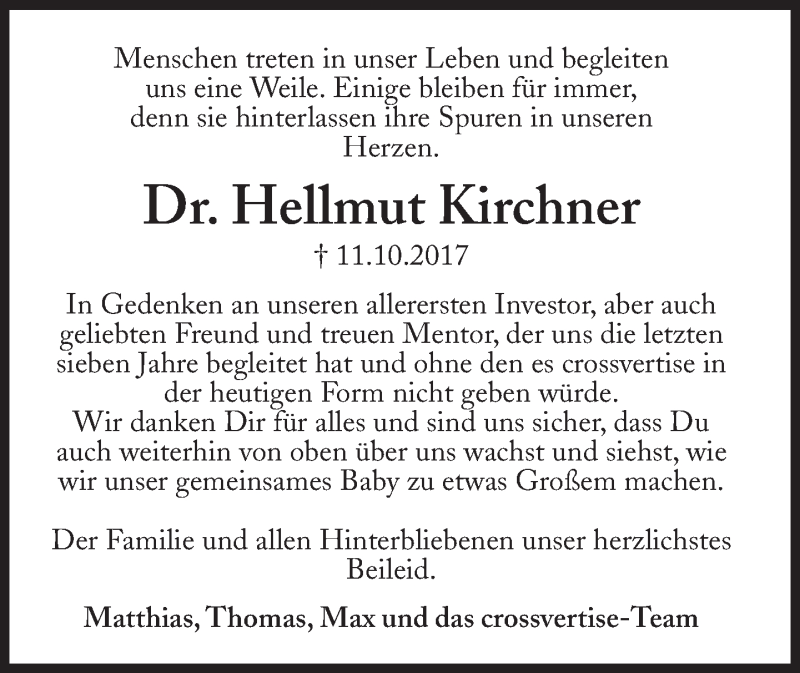  Traueranzeige für Hellmut Kirchner vom 16.10.2017 aus Süddeutsche Zeitung