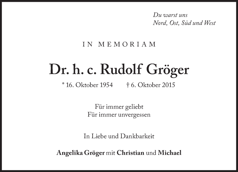  Traueranzeige für Rudolf Gröger vom 06.10.2017 aus Süddeutsche Zeitung