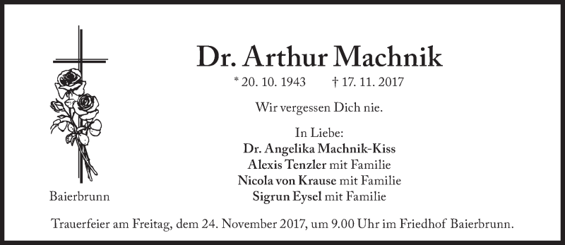  Traueranzeige für Arthur Machnik vom 21.11.2017 aus Süddeutsche Zeitung