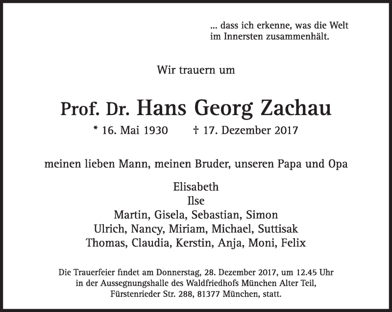  Traueranzeige für Hans Georg Zachau vom 23.12.2017 aus Süddeutsche Zeitung
