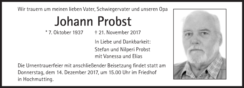 Traueranzeigen Von Johann Probst SZ Gedenken De