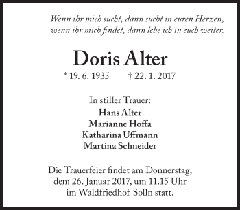 Traueranzeigen Von Alter Doris Sz Gedenken De