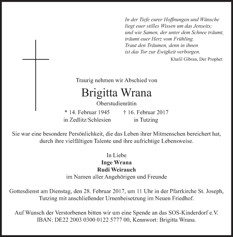  Traueranzeige für Brigitta Wrana vom 23.02.2017 aus Süddeutsche Zeitung