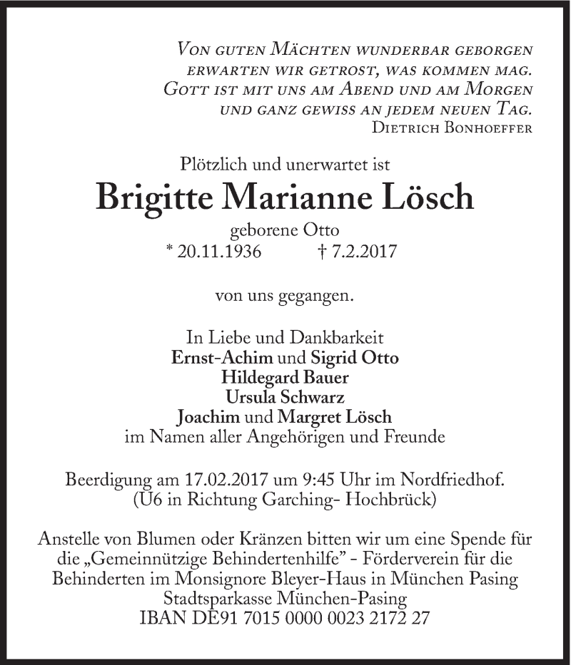 Traueranzeigen von Brigitte Marianne Lösch SZ Gedenken de