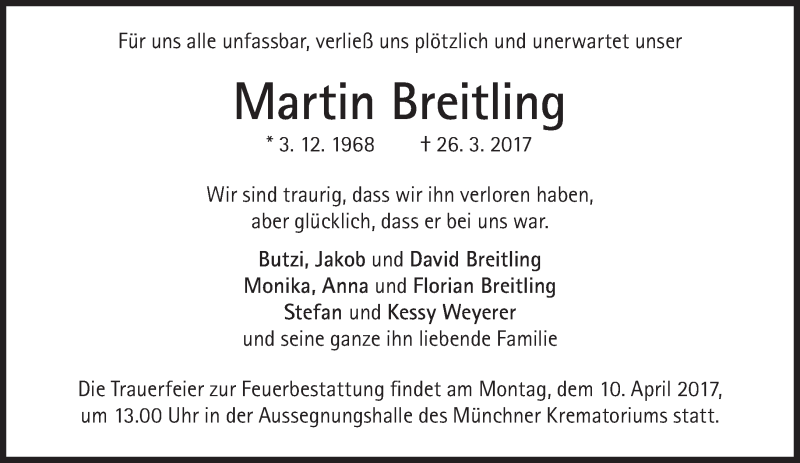  Traueranzeige für Martin Breitling vom 01.04.2017 aus Süddeutsche Zeitung