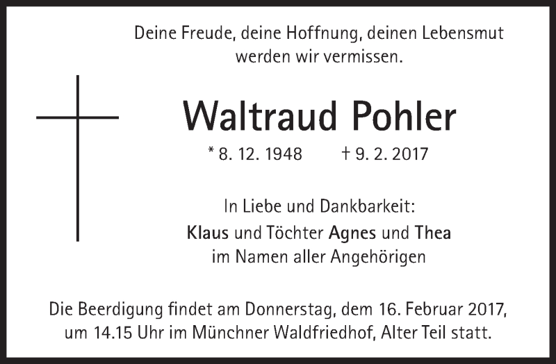  Traueranzeige für Waltraud Pohler vom 11.02.2017 aus Süddeutsche Zeitung