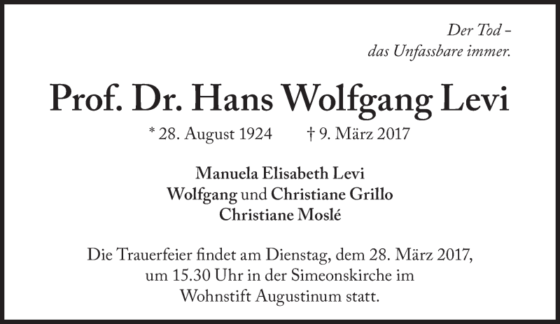  Traueranzeige für Hans Wolfgang Levi vom 14.03.2017 aus Süddeutsche Zeitung