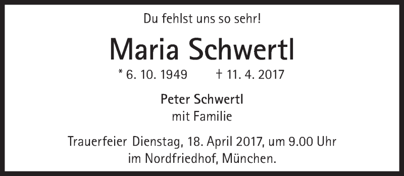  Traueranzeige für Maria Schwertl vom 15.04.2017 aus Süddeutsche Zeitung